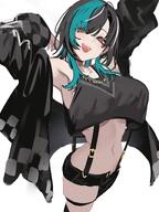 artist:omoti beauty_mark black_hair character:rindou_chihaya in-series_category:dev_is in-series_category:flow_glow in-series_category:hololive_japan meta:work-in-progress midriff red_eyes series:hololive short_hair short_shorts thigh_squish // 1200x1600 // 176KB