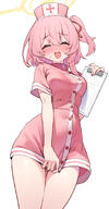 artist:ushimittsu18 character:serina_(blue_archive) flushed_face halo in-series_category:remedial_knights in-series_category:trinity_general_school nurse peek pink_hair series:blue_archive side_ponytail // 718x1379 // 642KB