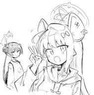 alternate_outfit animal_ears artist:kon_kokine character:kisaki_(blue_archive) character:saya_(blue_archive) halo in-series_category:eastern_alchemy_society in-series_category:genryumon in-series_category:shanhaijing_secondary_school monochrome rat_ears rat_girl series:blue_archive // 950x959 // 139KB