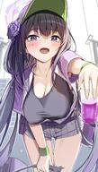 artist:mizumo_k1 black_hair character:sumire_(blue_archive) character:sumire_(part-timer)_(blue_archive) hair_accessories halo in-series_category:athletics_training_club in-series_category:millenium_science_school long_hair nipples_visible_through_clothing pov purple_eyes series:blue_archive short_shorts // 2006x3541 // 3.4MB