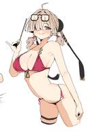 artist:mynameis_k brown_hair glasses hair_covering_eye halo meta:character_request purple_eyes short_hair swimsuit twin_tails // 1541x2245 // 224KB