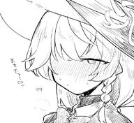 artist:kon_kokine character:eri_(blue_archive) flushed_face hair_braid in-series_category:occult_research_society in-series_category:wild_hunt_academy_of_arts japanese_text monochrome series:blue_archive steaming_body witch_hat // 971x889 // 180KB