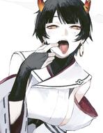 artist:kawatiw beauty_mark black_hair character:niya_(blue_archive) demon_horns eye_liner fingers_in_mouth halo horns in-series_category:allied_hyakkiyako_academy in-series_category:yin-yang_club pov series:blue_archive short_hair side_boob teasing yellow_eyes // 1577x2048 // 267KB