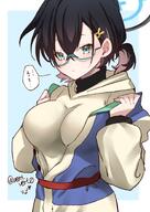 artist:ventvert0 blue_hair character:chihiro_(blue_archive) character:chihiro_(camp)_(blue_archive) glasses green_eyes hair_accessories halo in-series_category:millenium_science_school in-series_category:veritas japanese_text mechanical_halo ponytail series:blue_archive short_hair // 1032x1457 // 170KB