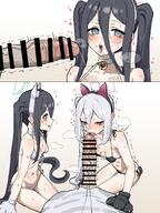 artist:musuru black_hair blue_eyes cat_lingerie cat_paws character:aris_(blue_archive) character:key_(blue_archive) fellatio flushed_face hair_down_the_middle halo in-series_category:game_development_department in-series_category:millenium_science_school long_hair penis_that_is_like_way_too_fucking_big_man_what_the_hell pink_eyes pov series:blue_archive side_ponytail steaming_body sweaty twin_tails white_hair // 3072x4096 // 902KB