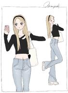 alternate_outfit artist:mikobako blonde_hair blue_eyes casual_clothes character:manon_(mikobako) eye_liner lipstick long_hair midriff pants series:original // 1466x2000 // 201KB