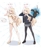 alternate_outfit artist:suecovsky blonde_hair character:doodle_sensei_(blue_archive) character:general_student_council_president_(temporary)_(blue_archive) character:sensei_(blue_archive) flushed_face golden_bikini halo in-series_category:general_student_council japanese_text long_hair purple_eyes series:blue_archive sweater sweaty v // 3300x3984 // 4.8MB