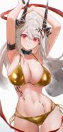 alternate_outfit artist:uof character:mudrock_(arknights) demon_horns flushed_face golden_bikini hair_accessories horns in-series_category:gargoyle in-series_category:sarkaz long_hair red_eyes series:arknights white_hair // 955x2000 // 260KB