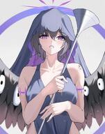 alternate_outfit artist:kopunman body_wings character:subaru_(blue_archive) feathered_wings halo in-series_category:arius_satellite_school in-series_category:nicomedia_troop purple_eyes purple_hair series:blue_archive short_hair // 2449x3105 // 727KB