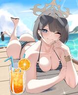 artist:kopunman black_eyes black_hair character:hiromi_(blue_archive) halo in-series_category:dorm_supervisory_unit in-series_category:wild_hunt_academy_of_arts series:blue_archive short_hair sunglasses swimsuit // 3208x3907 // 1.2MB