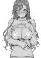 artist:tsurui character:arisugawa_natsuha flushed_face lingerie long_hair monochrome pulling_up_shirt series:idolmaster series:idolmaster_shiny_colors steaming_body sweater // 1573x2200 // 389KB