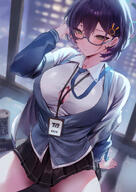 artist:rororo blue_hair character:chihiro_(blue_archive) flushed_face glasses green_eyes hair_accessories halo in-series_category:millenium_science_school in-series_category:veritas mechanical_halo series:blue_archive short_hair sweater // 2894x4093 // 867KB