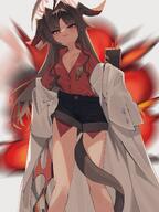 :3 artist:abe-napori brown_hair character:kasumi_(blue_archive) demon_horns halo horns in-series_category:gehenna_academy in-series_category:hot_spring_department long_hair series:blue_archive short_shorts tail yellow_eyes // 1536x2048 // 411KB