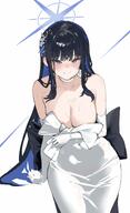 artist:lamancha blue_eyes blue_hair character:saori_(blue_archive) character:saori_(dress)_(blue_archive) dress flushed_face hair_accessories halo in-series_category:arius_satellite_school in-series_category:arius_squad long_hair low-cut_dress series:blue_archive sweaty two-tone_hair // 2495x4096 // 498KB