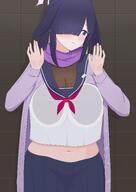 animal_ears artist:makura character:tsukuyo_(blue_archive) flushed_face hair_covering_eye halo in-series_category:allied_hyakkiyako_academy in-series_category:ninjutsu_research_club long_hair midriff pov purple_eyes purple_hair rabbit_ears rabbit_girl series:blue_archive // 2894x4093 // 2.8MB