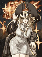 artist:thiccborb blonde_hair character:reed_(arknights) character:reed_the_flame_shadow_(arknights) character:reed_the_flame_shadow_(curator)_(arknights) dragon_horns green_eyes hair_braid horns in-series_category:draco in-series_category:tara long_hair series:arknights witch_hat // 1200x1600 // 2.0MB