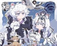 animal_ears artist:whitydragon blonde_hair cat_ears cat_girl character:cliffheart_(arknights) character:degenbrecher_(arknights) character:gnosis_(arknights) character:pramanix_(arknights) character:pramanix_the_prerita_(arknights) character:silverash_(arknights) character:silverash_the_reignfrost_(arknights) chibi goat_ears goat_horns grey_eyes hair_accessories hair_braid horns in-series_category:caprinae in-series_category:feline in-series_category:kjerag long_hair orange_eyes series:arknights short_hair tail twin_tails white_hair // 4096x3275 // 1.5MB