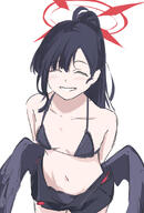 artist:hoffun_2 black_hair body_wings character:ichika_(blue_archive) character:ichika_(swimsuit)_(blue_archive) closed_eyes feathered_wings halo in-series_category:justice_task_force in-series_category:trinity_general_school long_hair ponytail series:blue_archive short_shorts swimsuit // 620x914 // 297KB