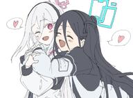 artist:momomatang black_hair character:aris_(blue_archive) character:key_(blue_archive) hair_down_the_middle halo hugging_from_behind in-series_category:game_development_department in-series_category:millenium_science_school long_hair pink_eyes series:blue_archive side_ponytail white_hair // 1734x1270 // 201KB