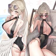 artist:aoilico_(onuj25) body_wings brown_eyes brown_hair character:nagisa_(blue_archive) character:nagisa_(swimsuit)_(blue_archive) feathered_wings halo in-series_category:tea_party in-series_category:trinity_general_school long_hair ponytail series:blue_archive sunglasses swimsuit // 3500x3500 // 18MB