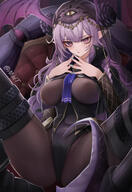 artist:mildt bird_girl character:manticore_(arknights) character:manticore_(under_a_veil)_(arknights) hair_accessories head_wings in-series_category:manticore_(race) in-series_category:sargon long_hair nipples_visible_through_clothing purple_eyes purple_hair series:arknights tail veil // 1958x2850 // 5.3MB