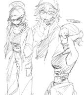 alternate_outfit artist:hoffun_2 casual_clothes character:chihiro_(blue_archive) face_mask glasses halo in-series_category:millenium_science_school in-series_category:veritas mechanical_halo midriff monochrome pants ponytail series:blue_archive short_hair // 804x908 // 407KB