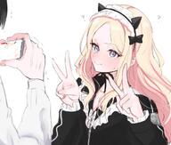 artist:kasasagi blonde_hair blue_eyes cat_ears character:juou_sena_(gakuen_idolmaster) character:producer_(idolmaster) double_v flushed_face long_hair series:gakuen_idolmaster series:idolmaster v // 1188x1006 // 212KB
