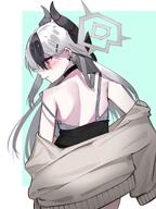 artist:abe-napori beauty_mark black_hair character:kayoko_(blue_archive) character:kayoko_(dress)_(blue_archive) demon_horns dress ear_piercings flushed_face hair_bow halo horns in-series_category:gehenna_academy in-series_category:problem_solver_68 long_hair low-cut_dress red_eyes series:blue_archive sweater two-tone_hair white_hair // 1536x2048 // 339KB