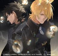 animal_ears artist:wagaya black_eyes black_hair blonde_hair character:emiya_kiritsugu character:młynar_(arknights) horse_ears horse_girl in-series_category:kazimierz in-series_category:kuranta series:arknights series:fate yellow_eyes // 1200x1148 // 186KB