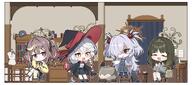 artist:inapple84 brown_hair character:eri_(blue_archive) character:kanoe_(blue_archive) character:lena_(blue_archive) character:tsumugi_(blue_archive) chibi green_hair grey_hair hair_braid hair_covering_eye halo in-series_category:occult_research_society in-series_category:wild_hunt_academy_of_arts long_hair orange_eyes purple_eyes series:blue_archive sweater tube_socks twin_tails white_hair // 4096x1804 // 802KB