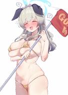 animal_ears artist:foxallium brown_hair character:umika_(blue_archive) dog_ears dog_girl english_text flushed_face golden_bikini halo in-series_category:allied_hyakkiyako_academy in-series_category:festival_operations_department long_hair micro_bikini nipple_slip series:blue_archive steaming_body // 2253x3154 // 6.5MB