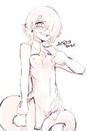 character:asbestos_(arknights) cheongsam eyepatch flushed_face hair_covering_eye in-series_category:rim_billiton in-series_category:savra monochrome nipples_visible_through_clothing series:arknights sharp_teeth short_hair tail // 709x1063 // 78KB