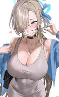 artist:7h4ze beauty_mark blonde_hair blue_eyes character:asuna_(blue_archive) dongtan_dress dress face_mask flushed_face hair_bun hair_covering_eye halo in-series_category:cleaning_&_clearing in-series_category:millenium_science_school long_hair low-cut_dress series:blue_archive sweaty // 1645x2690 // 3.2MB