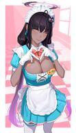 alternate_outfit artist:yoroshinbo brown_skin character:karin_(blue_archive) flushed_face hair_accessories halo heart_hands in-series_category:cleaning_&_clearing in-series_category:millenium_science_school japanese_text long_hair maid purple_hair series:blue_archive twin_tails yellow_eyes // 2880x4971 // 6.7MB