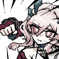 artist:grape beauty_mark character:mi_fu demon_horns hair_covering_eye horns in-series_category:sarkaz pink_eyes pink_hair pointed_ears pov series:arknights series:arknights:_endfield short_hair // 200x200 // 17KB