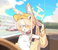 animal_ears artist:higasikatajunpe blonde_hair character:seia_(blue_archive) character:seia_(swimsuit)_(blue_archive) fox_ears fox_girl halo in-series_category:tea_party in-series_category:trinity_general_school ponytail series:blue_archive sunglasses swimsuit // 1361x1179 // 144KB
