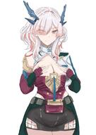 artist:ken beauty_mark character:mi_fu demon_horns flushed_face hair_covering_eye horns in-series_category:sarkaz pink_eyes pink_hair pointed_ears series:arknights series:arknights:_endfield short_hair // 2314x3273 // 707KB