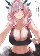 artist:uof beauty_mark character:mi_fu demon_horns female_on_top flushed_face hair_covering_eye horns in-series_category:sarkaz japanese_text midriff pink_eyes pink_hair pointed_ears pov series:arknights series:arknights:_endfield short_hair sports_wear sweaty // 2828x4000 // 1.8MB