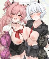 artist:machismo blue_eyes character:erika_(blue_archive) character:kirara_(blue_archive) demon_horns flushed_face gyaru hair_bun halo holding_bra horns in-series_category:gehenna_academy in-series_category:twinkle_twinkle_club japanese_text large_areolae leopard_print long_hair messy_hair pink_eyes pink_hair pov presenting_bra series:blue_archive short_hair steaming_body sweaty white_hair // 1850x2250 // 4.4MB
