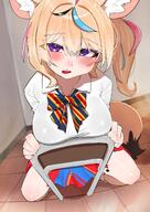 alternate_outfit animal_ears artist:yupimaru blonde_hair character:omaru_polka flushed_face fox_ears fox_girl fox_tail gyaru in-series_category:generation_5 in-series_category:hololive_japan purple_eyes series:hololive side_ponytail tail // 1448x2048 // 345KB