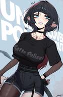 alternate_outfit animal_ears artist:jdotkdot black_hair blue_eyes casual_clothes character:jane_doe_(zenless_zone_zero) ear_piercings english_text high-waisted_pants in-series_category:criminal_investigation_special_response_team pants rat_ears rat_girl series:zenless_zone_zero short_hair short_shorts // 782x1199 // 132KB