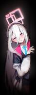 artist:tazune character:key_(blue_archive) flushed_face hair_bow hair_down_the_middle halo in-series_category:game_development_department in-series_category:millenium_science_school long_hair pink_eyes series:blue_archive steaming_body sweaty white_hair // 1575x4096 // 460KB