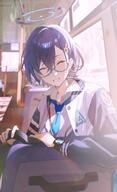 artist:flatshi blue_hair character:chihiro_(blue_archive) glasses hair_accessories halo in-series_category:millenium_science_school in-series_category:veritas mechanical_halo pov series:blue_archive short_hair // 2497x4095 // 788KB