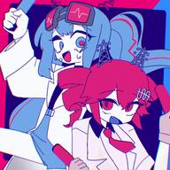 alternate_outfit artist:ojibi blue_eyes blue_hair character:hatsune_miku character:kasane_teto hair_accessories long_hair red_eyes red_hair series:utau series:vocaloid short_hair twin_drills twin_tails // 4096x4096 // 1.4MB