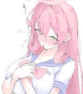 ahoge artist:mocaht8 character:hanako_(blue_archive) flushed_face green_eyes halo in-series_category:make-up_work_club in-series_category:trinity_general_school japanese_text long_hair nosebleed pink_hair series:blue_archive // 3532x4000 // 803KB