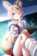 alternate_outfit animal_ears artist:kay_yu blonde_hair character:omaru_polka flushed_face fox_ears fox_girl fox_tail gyaru gyaru_v in-series_category:generation_5 in-series_category:hololive_japan purple_eyes series:hololive short_hair tail tube_socks v // 2731x4096 // 762KB