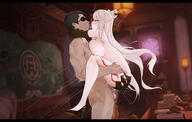 arms_around_neck artist:amaruda character:ningguang_(genshin_impact) eye_liner flushed_face french_kiss hair_accessories hair_bun kiss long_hair orange_eyes series:genshin_impact short_shorts squirting suspended_congress sweaty tattoo white_hair // 1696x1080 // 789KB