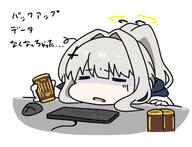 artist:nyaru character:hare_(blue_archive) chibi halo in-series_category:millenium_science_school in-series_category:veritas japanese_text ponytail series:blue_archive shadow_over_eyes white_hair // 376x287 // 56KB