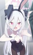 alternate_outfit artist:NSol bunny_suit character:key_(blue_archive) hair_bow hair_down_the_middle halo in-series_category:game_development_department in-series_category:millenium_science_school leotard long_hair pink_eyes pov rabbit_ears series:blue_archive white_hair // 2458x4096 // 582KB