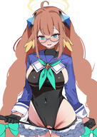 artist:n5995_4884 bird_girl blue_eyes character:shimiko_(blue_archive) character:shimiko_(magical)_(blue_archive) crotchless flushed_face glasses halo head_wings high-cut_leotard in-series_category:library_committee in-series_category:trinity_general_school leotard magical_girl orange_hair series:blue_archive // 2894x4093 // 2.6MB
